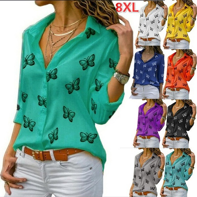 S-5XL Plus Size Tops Women Blouse Turn Down Collar Long Sleeve Chiffon Shirt Office Ladies Korean Butterfly Print Blouses Blusas