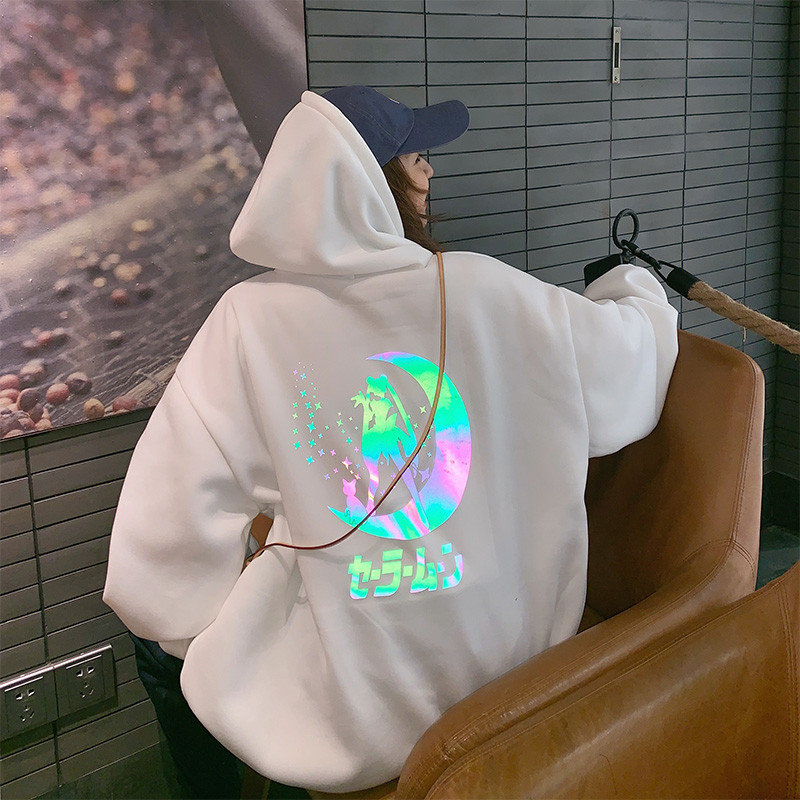 oversized autumn Reflective Material Sailor Moon Cartoon Hoodie Women Loose Casual Long Pullover Tops Streetwear Sweatshirt 200924
