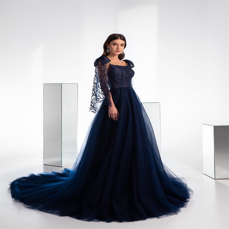 Gorgeous Blue Evening Dresses 2021 Newest Spaghetti Strap Appliqued Lace A-line Prom Dress Sweep Train Red Carpet Dress Formal Party Dress