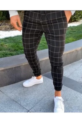Mens Casual Slim Fit Pants Sport Tracksuit Skinny Joggers Sweatpants Stretch Trousers Plaid Men