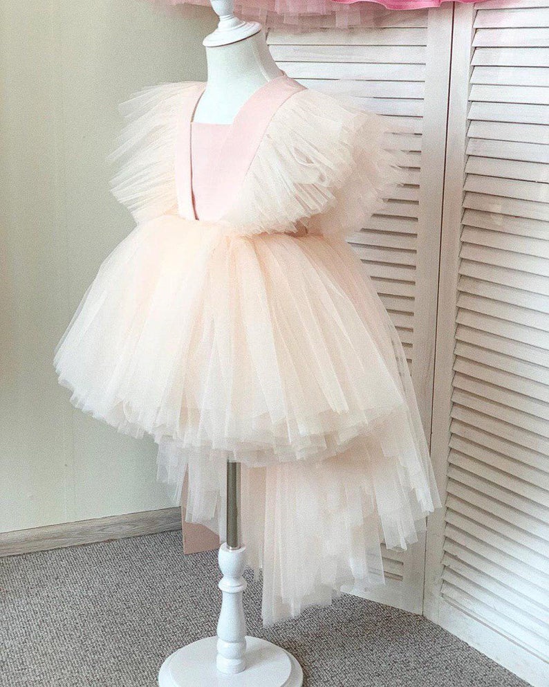 Flower Girls Dresses Square Neck Ruffle Hi Lo Children Birthday Party Dress Custom Made Satin and Tulle Kids Formal Gowns
