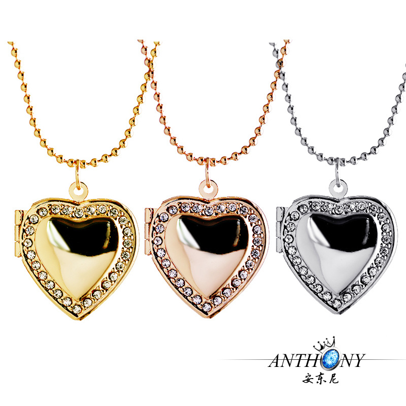 6 color Rhinestones Box Photo Frame Locket Pendant Necklace Fashion Heart Jewelry For Women Love Gift