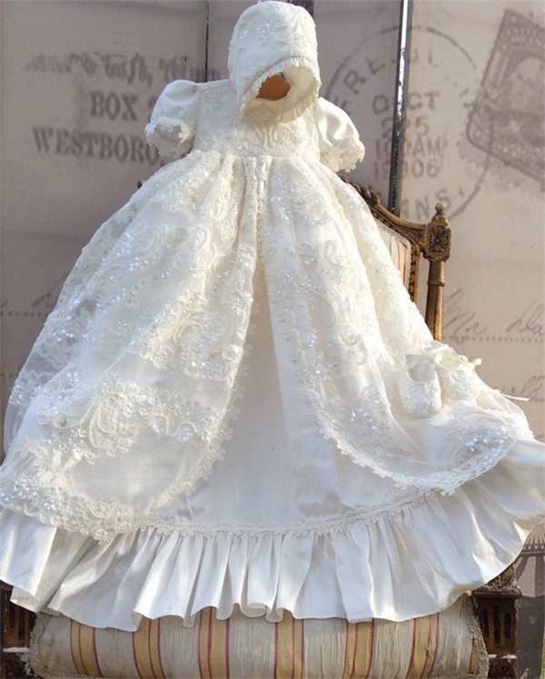 2021 Lace Christening Gown Lace Sequins Baby Infant Toddler Girls Baptism Dresses With bonnet White Ivory