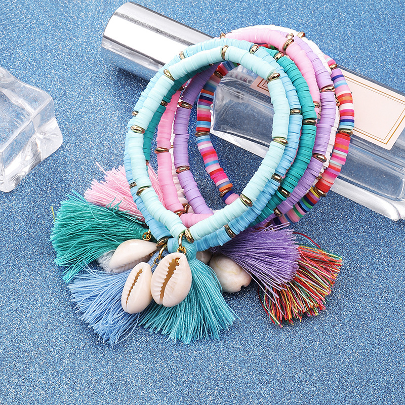 Handmade Jewelry Bracelets for Women Fashion Colorful Polymer Clay Beads Bracelet with Shell Tassel Bracelets for Girl