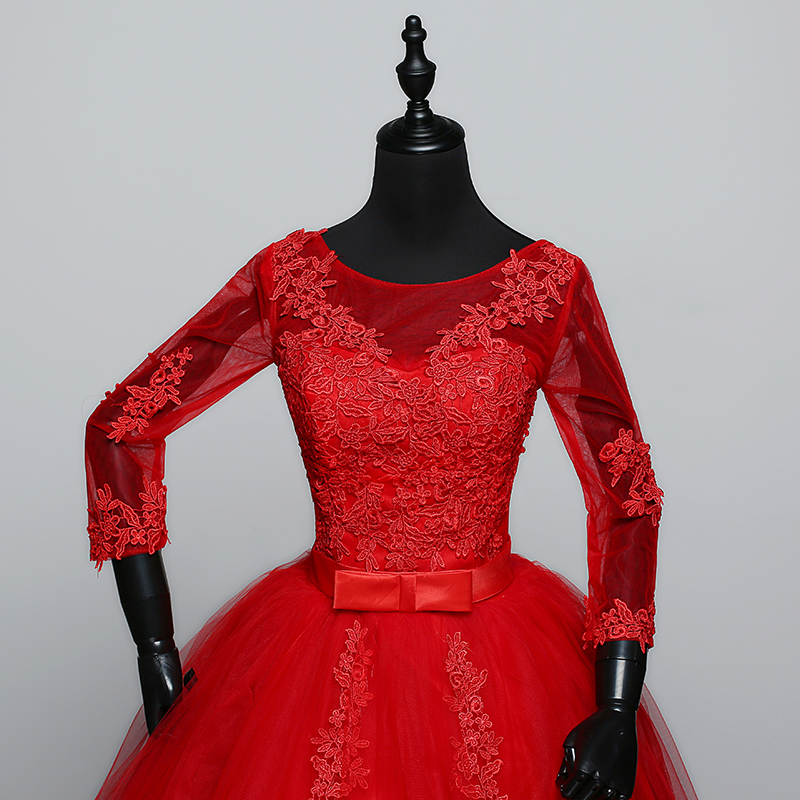 100% Real Photo Red White Three Quarter Sleeve 2020 Arrive Korean Style Ball Gown Fashion Lace Wedding Dress Elegant Princess GZ