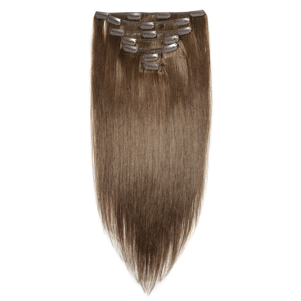 Chocolate Brown In Real Human Hair For Women Slik Straight Double Weft Clip Ins On Extensions Full Head 120G 8Pcs