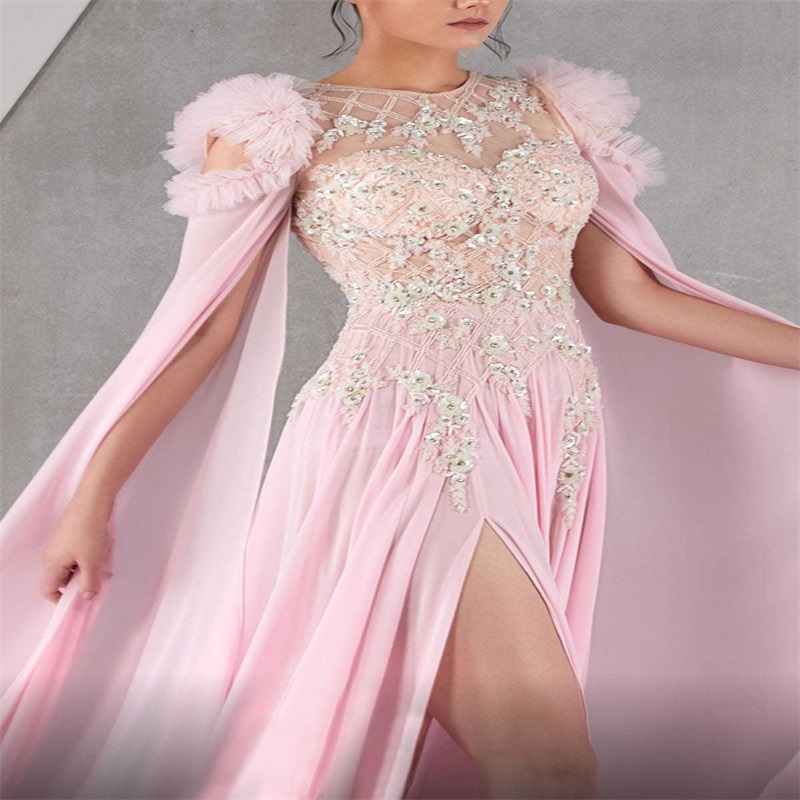 Pink Chiffon Prom Dresses Jewel Neck Appliqued Beads Evening Dress Sexy Side-split Plus Size Sweep Train Custom Made Party Dress