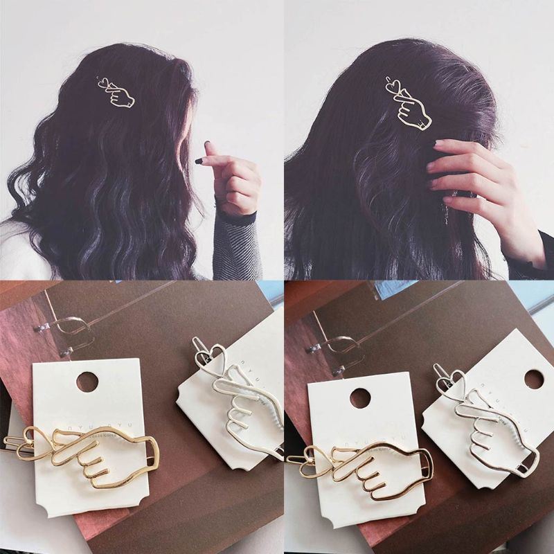 Korean Creative Finger Heart Shaped Bobby Pins Women Girls Polished Metallic Gold Silver Hair Clips Hollow Geometric Barrettes 
Korean Creative Finger Heart Shaped Bobby Pins Women Girls Polished Metallic Gold Silver Hair Clips Hollow Geometric Barrettes