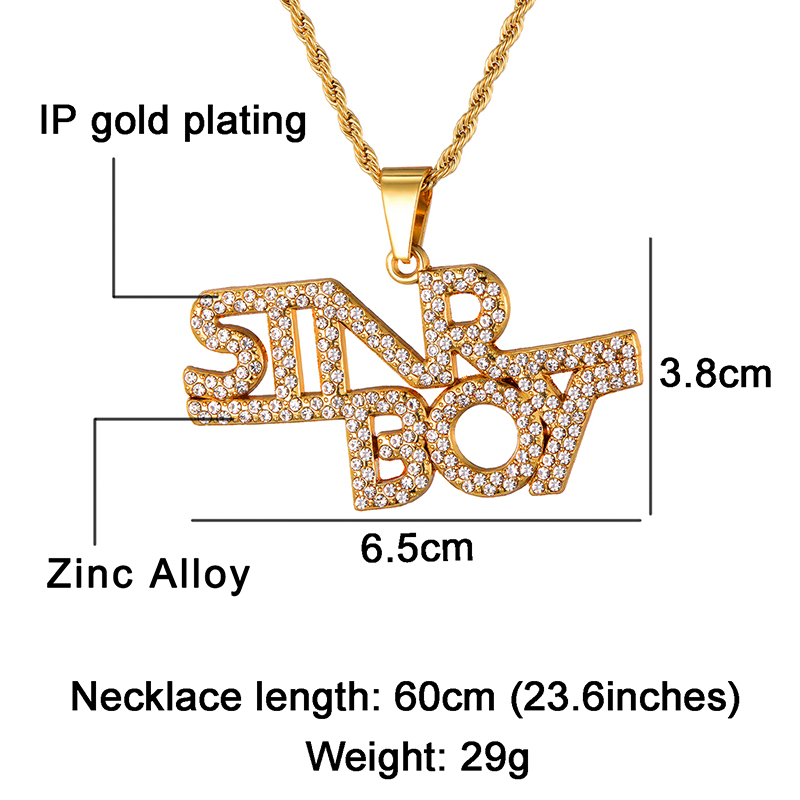 HIP Hop Gold Color Letters Words Bling Full Rhinestoned Iced Out Rope Chain Pendants & Necklaces for Men Jewelry