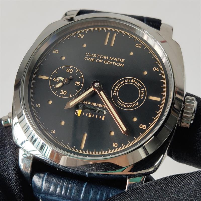 Wristwatches 44mm Automatic Mechanical Watch Men Date Black Stainless Steel Dial Leather Strap Luminous Watches P16, No1
Wristwatches 44mm Automatic Mechanical Watch Men Date Black Stainless Steel Dial Leather Strap Luminous Watches P16, No1