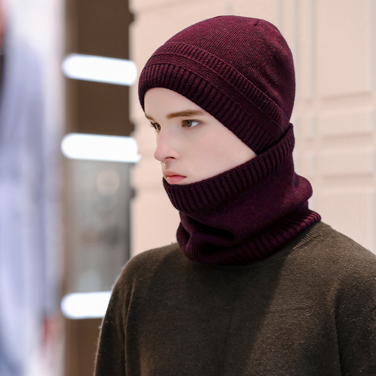 2-Pieces Balaclava Knitted Hat Scarf Caps Neck Warmer Winter Hat For Men Women Skullies Beanies Warm Fleece Caps