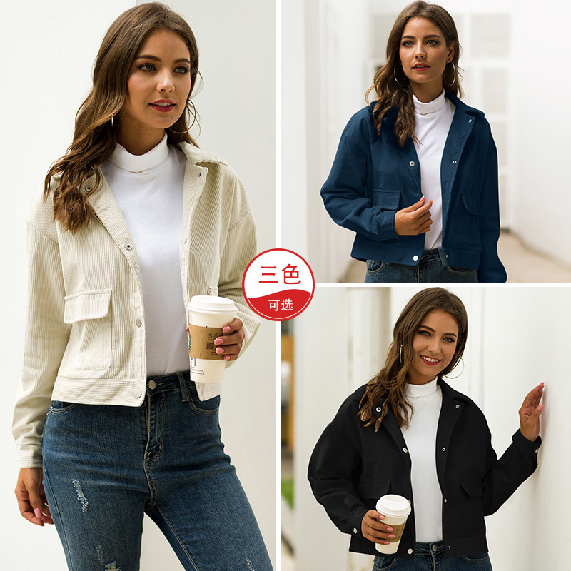VITIANA Corduroy Short Jacket Women Autumn 2019 Female Long Sleeve Buttons Pockets Elegant Short Coat Womens Jackets and Coats CX200811