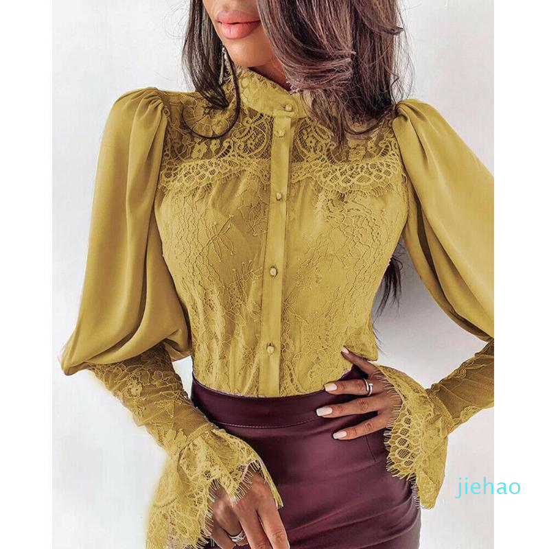 Fashion- Womens Tops and Blouses Elegant long sleeve Lace Shirt Ladies Slim Bodycon blusa feminina Office lady wear Clothes