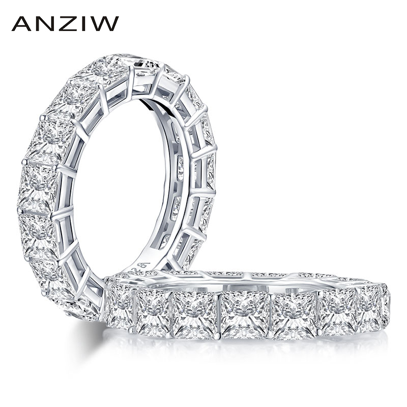 AINUOSHI 925 Sterling Silver 4mm Princess Cut Full Eternity Ring for Women Sona Simulated Diamond Engagement Wedding Band Ring T200905