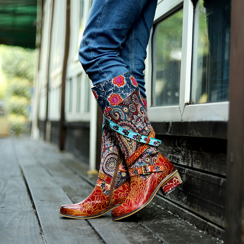 Women Boots Retro Genuine Leather Printing Splicing 4CM Square heel Buckle Zipper Dress Short Boots Ladies Shoes Women Shoes, Beige 
Women Boots Retro Genuine Leather Printing Splicing 4CM Square heel Buckle Zipper Dress Short Boots Ladies Shoes Women Shoes, Beige