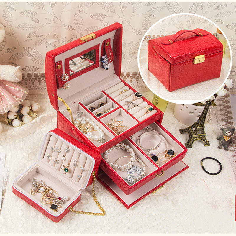 New Fashion High Quality Leather Jewelry Box 7 Colors With Small Protable Travel Jewelry Casket 3 Layers Gift Box MX200810