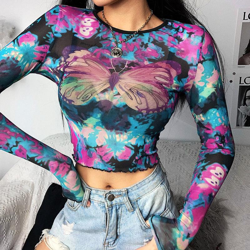 

Summer Long Sleeve T-Shirt Women Gorgeous Color Gradient Multicolor Butterfly Print Net Gauze Cropped Streetwear camiseta mujer, Purple