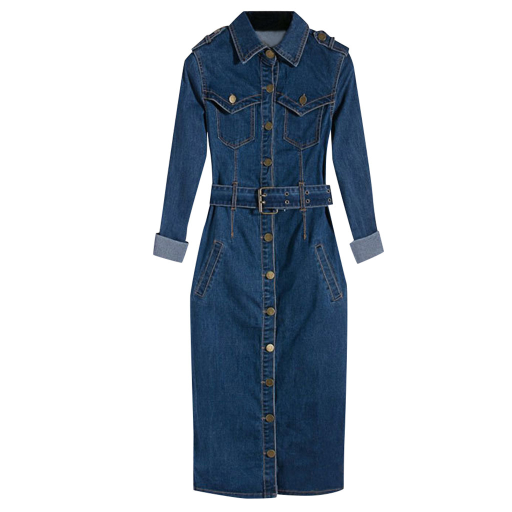 35 Jeans Dress Denim Dresses Winter Office Slim Jeans Long Sleeve Mid-Cuff Denim with Belt for Women Jeans Dress Long Dress 200928