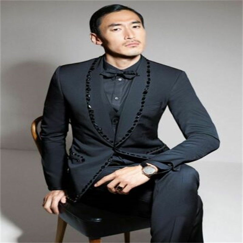 2-piece Handsome Black Suits Mens Suit Rhinestone Groom Suit Wedding Suits For Best Men Slim Fit Groom Tuxedos For Man