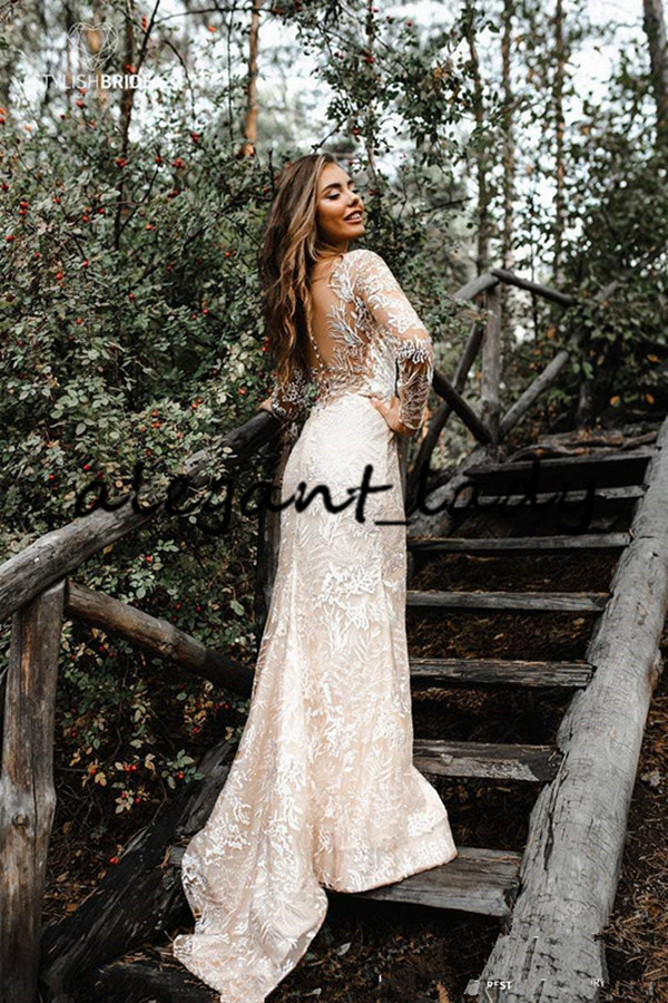 Forest Nude Champagne Mermaid Wedding Dresses 2021 V-neck Lace Applique Bohemian rustic country wedding gowns bestidos de novias