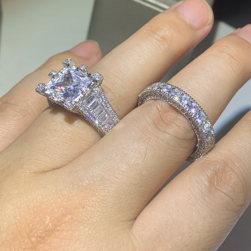 Size 5-10 Vintage Fine Jewelry 925 Sterling Silver Princess Cut Large White Topaz Pave CZ Diamond Gemstones Couple Women Bridal Ring Set