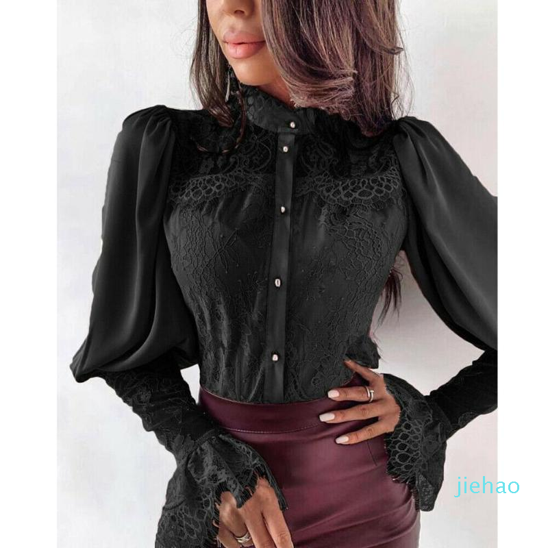 Fashion- Womens Tops and Blouses Elegant long sleeve Lace Shirt Ladies Slim Bodycon blusa feminina Office lady wear Clothes