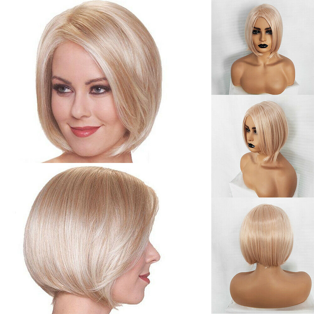 Short Straight Bob Full Wig Blonde Natural Synthetic Hair Fancy Dress Cosplay US