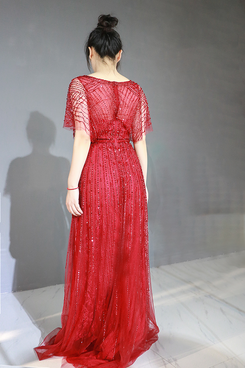 5701 In Stock Classic Evening Gowns Beads Sequins V-neck Zipper Prom Dresses Women Party Wear Sale