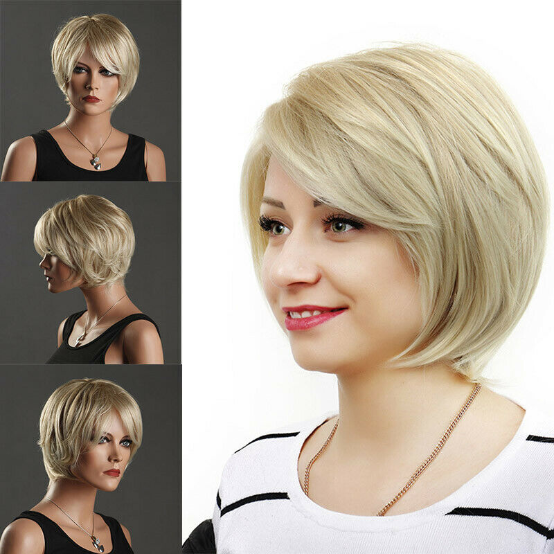 Lady Short Straight Natural Bob Wigs Blonde Full Synthetic Hair Party Cosplay US