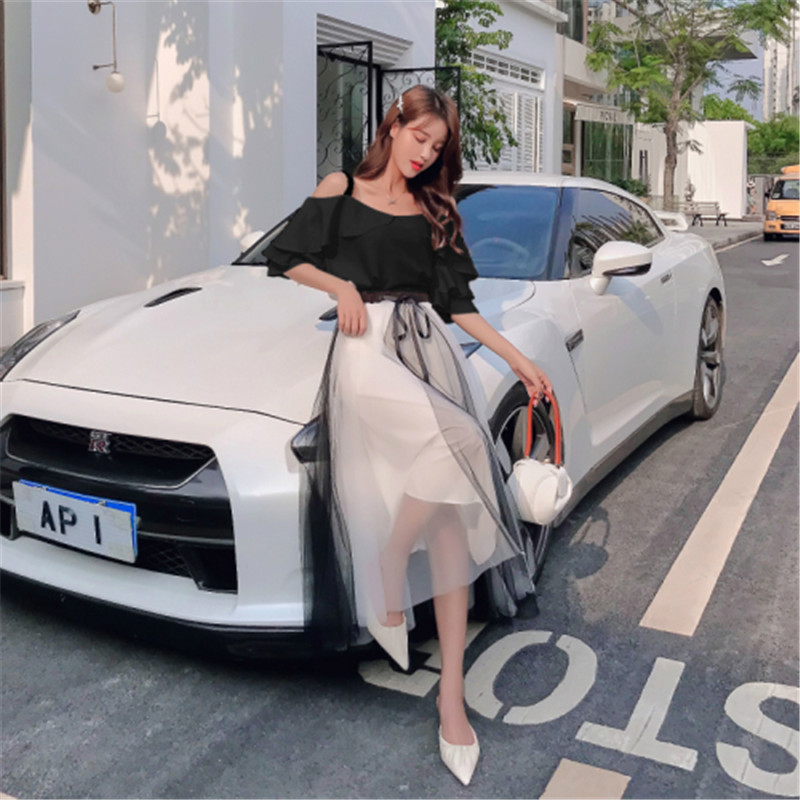 Elegant Women Ruffle Sling Tops Casual Mesh Drawstring Waist Mid Long Skirt Two Piece Set 2020 New Summer Woman Skirts Suit D040
