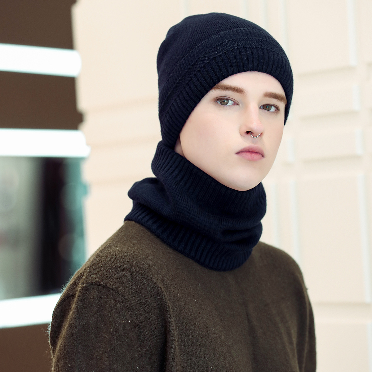 2-Pieces Balaclava Knitted Hat Scarf Caps Neck Warmer Winter Hat For Men Women Skullies Beanies Warm Fleece Caps