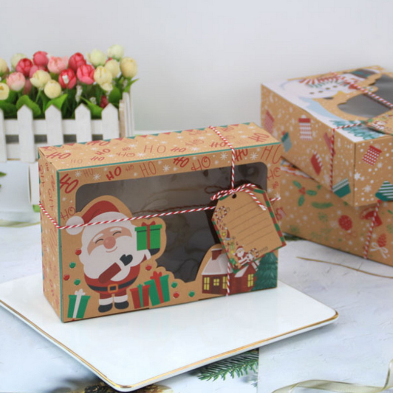 24 pcs New Kraft Paper Box Kraft Paper Large Christmas Candy Box PVC Window Biscuit Gingerbread Christmas Decorations
