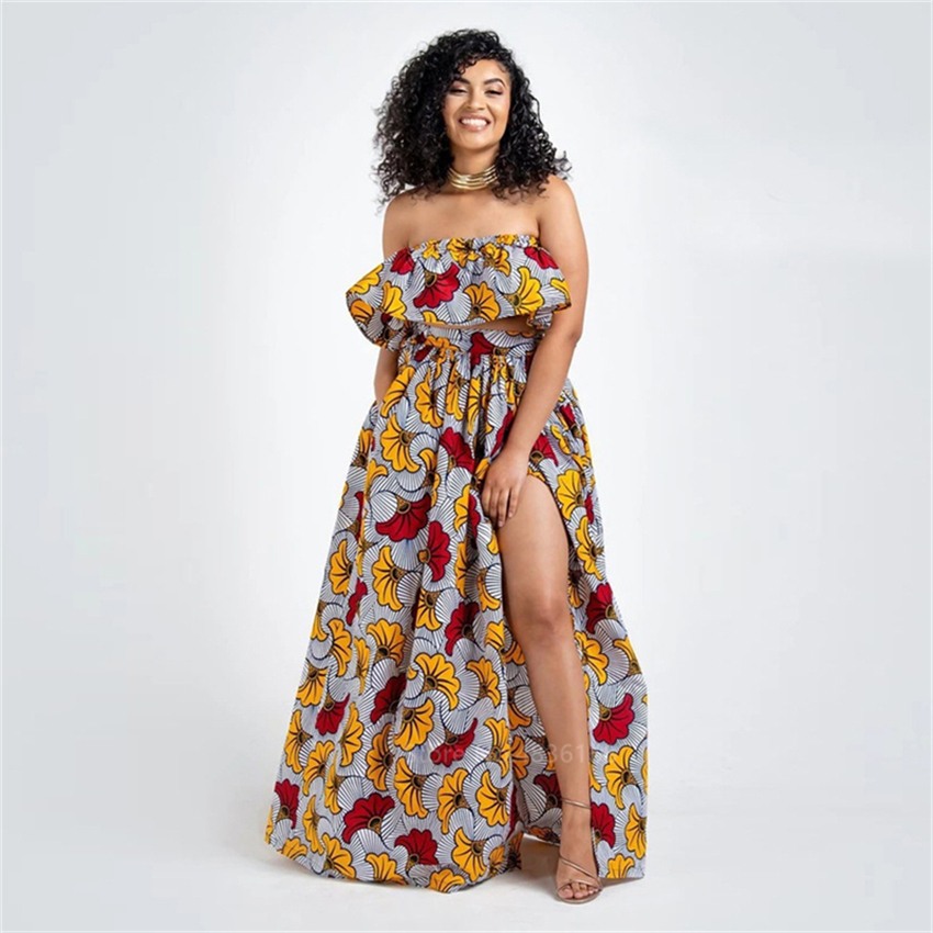 2020 News Ankara Style African Clothes Dashiki Print Top Skirts Fashion Feather Party African Dresses for Women Robe Africaine CX200813