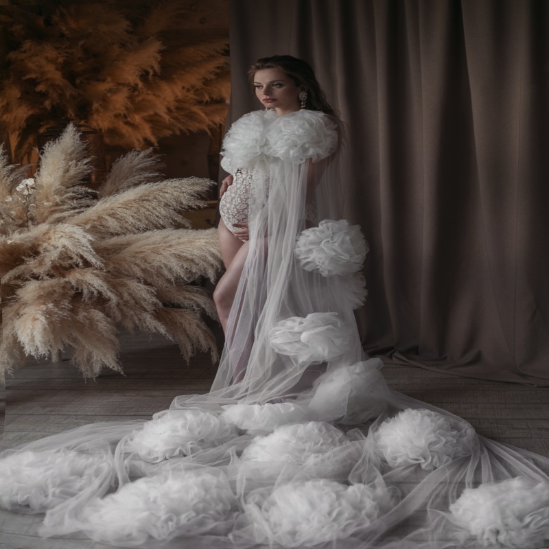 Newest Sexy Pregnant Woman Pajamas Ruched Tulle Hand Made Flower See Through Night Gown For Women Ruched Tiered Sweep Train Sleepwear