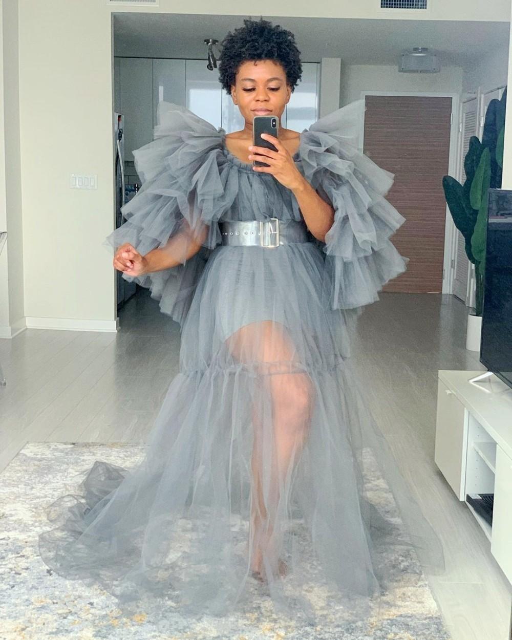 Maternity Photoshoot Prom Dress Vestidos Grey Tiered Sheer Party Dresses Wihtout Sash Full Sleeve for Photo Shoot Baby Shower