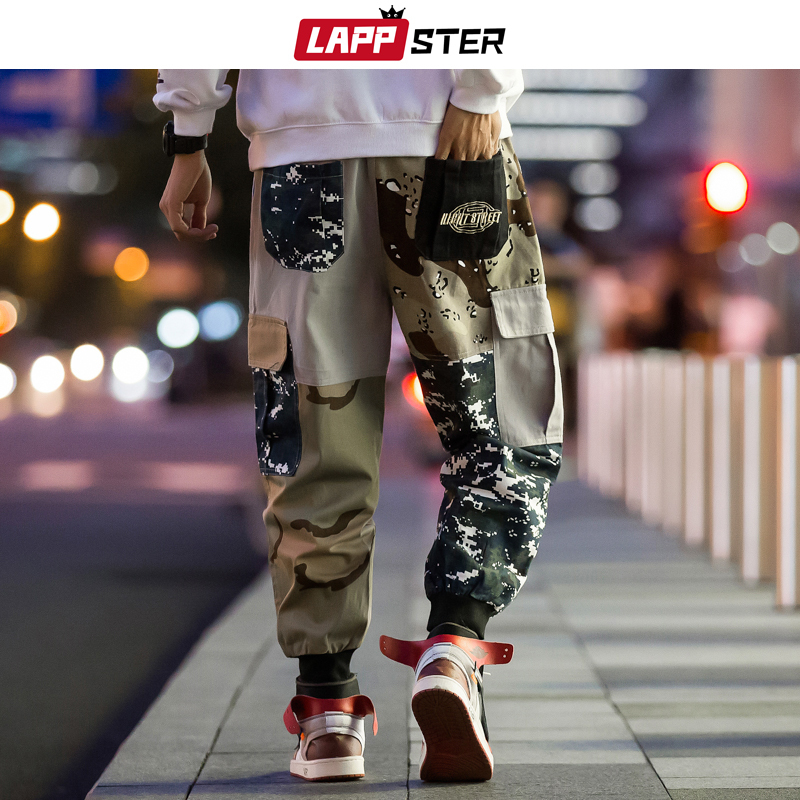 LAPPSTER Men Color Block Cargo Pants Streetwear Hip Hop Harem Pant Ankel Length Camo Pants Patchwork Sweatpants Camouflage 200925