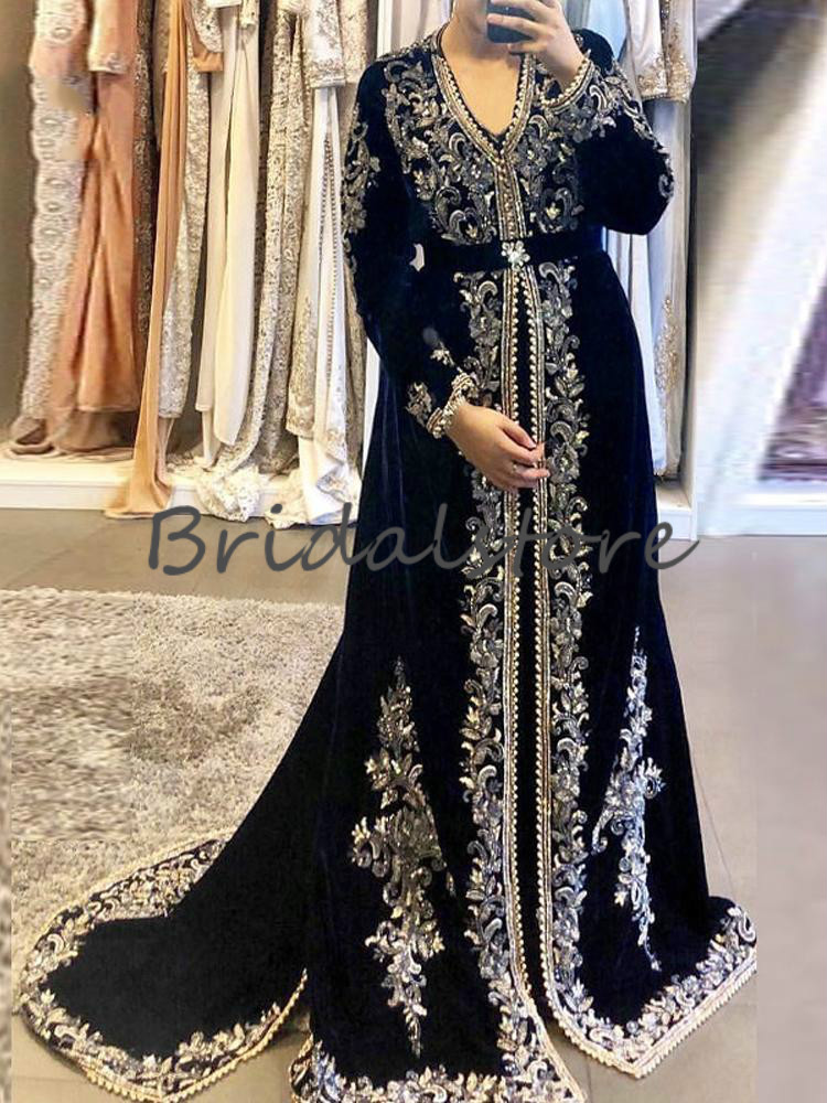 Sparkly Moroccan Evening Dresses With Appliques Elegant Long Sleeve Muslim Arabic Formal Special Occasion Prom Dresses 2020 Dubai Abaya