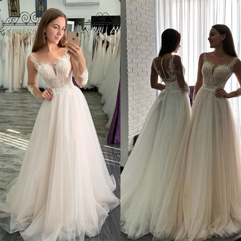 Plus Size A-line Wedding Dresses Sexy Illusion Sheer Long Sleeves Appliqued Lace Ruched Tulle Bridal Gown Beach Church Wedding Dress