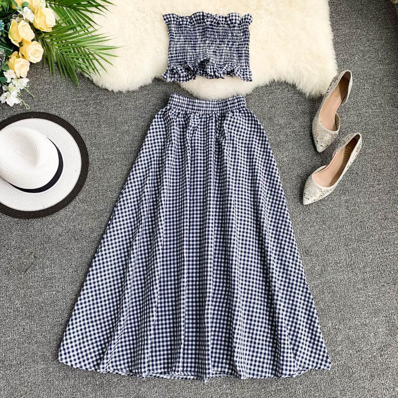 new Korean summer two Piece outfit women sleeveless tank Top Highwaist slim Long Skirt plaid 2 pcs sets Woman Fashion Suit