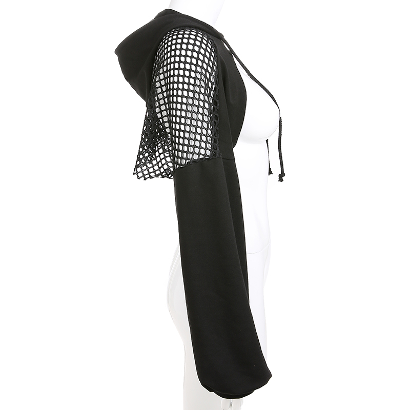 Sweetown Punk Long Sleeve Crop Top Hoodies Sweatshirts Women Black Mesh Fishnet Hollow Out Hip Hop Gothic Hoodie Rave Streetwear MX200812