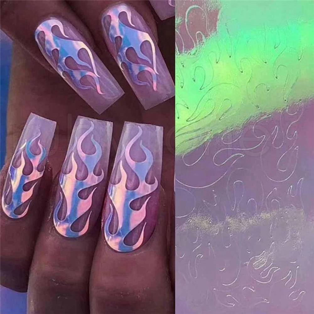 16Pcs Nail Flame Sticker Colorful Manicure Stickers Laser Flame Sticker Autocollant De Flamme Dongle Women Nail Art Flame Sticker Tools