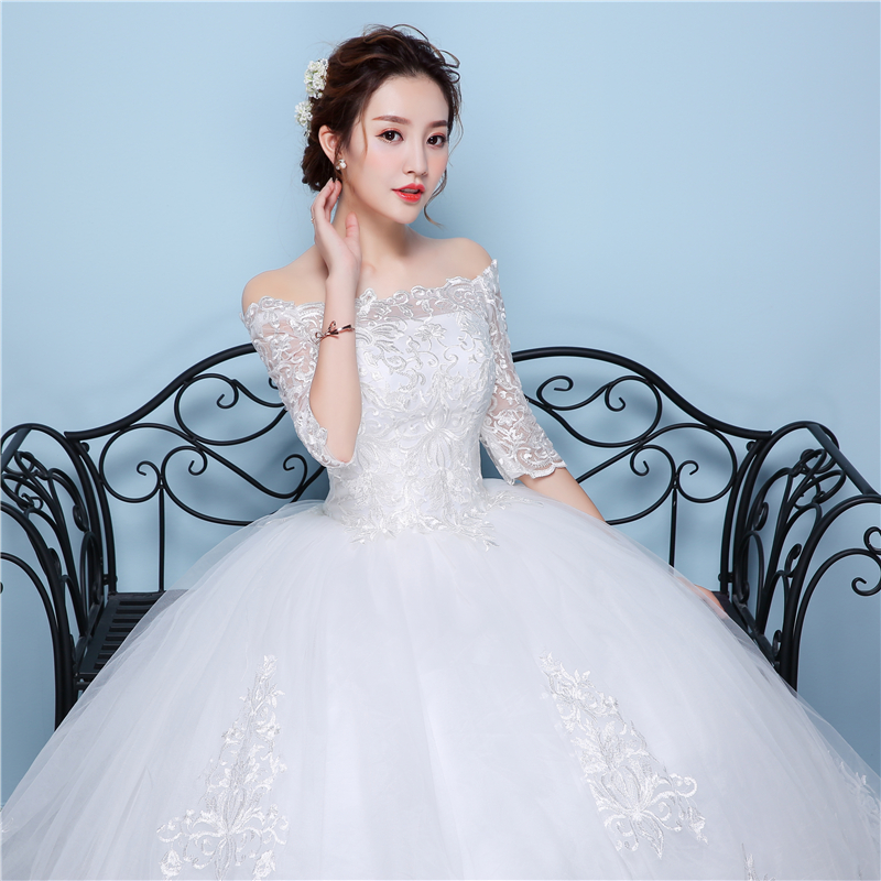 White Lace Boat Neck Half Sleeve Fashion Simple Wedding Dress Gowns Hiqh Quality Floor Length Big Embroidery Off the shoulder