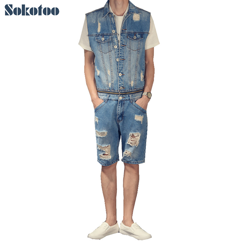Sokotoo Men's summer casual knee length overalls Fashion holes ripped denim jeans Sleeveless jumpsuits, Blue
Sokotoo Men's summer casual knee length overalls Fashion holes ripped denim jeans Sleeveless jumpsuits, Blue