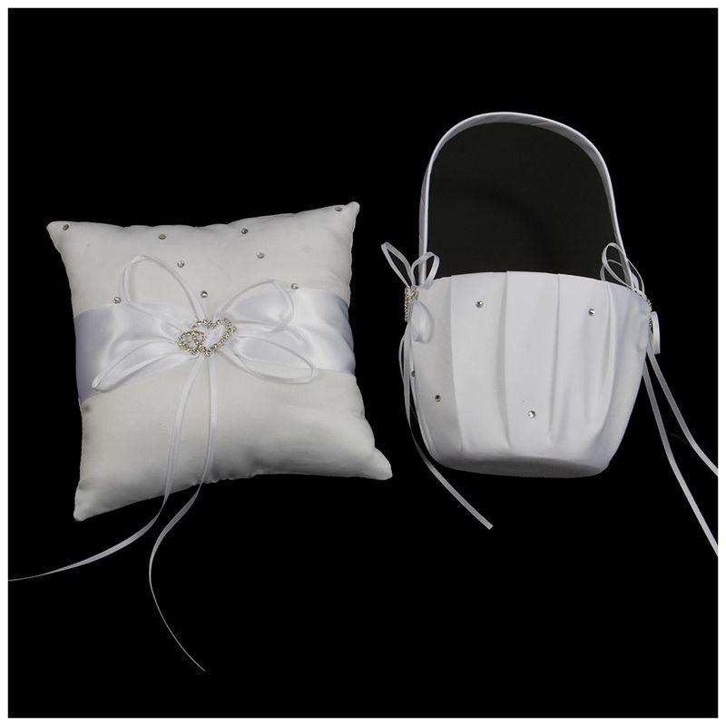 2 Heart Rhinestones Ivory Satin Flower Girl Basket and Ring Pillow Set bleach