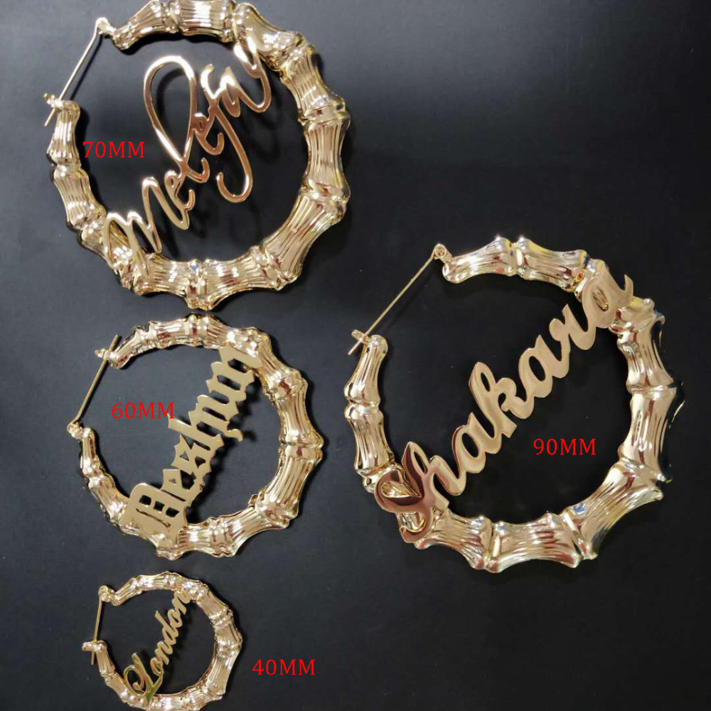 Bamboo Hoop Earrings Customize Name Earring Bamboo Style Custom Hoop Earrings With Statement Words Number 200923