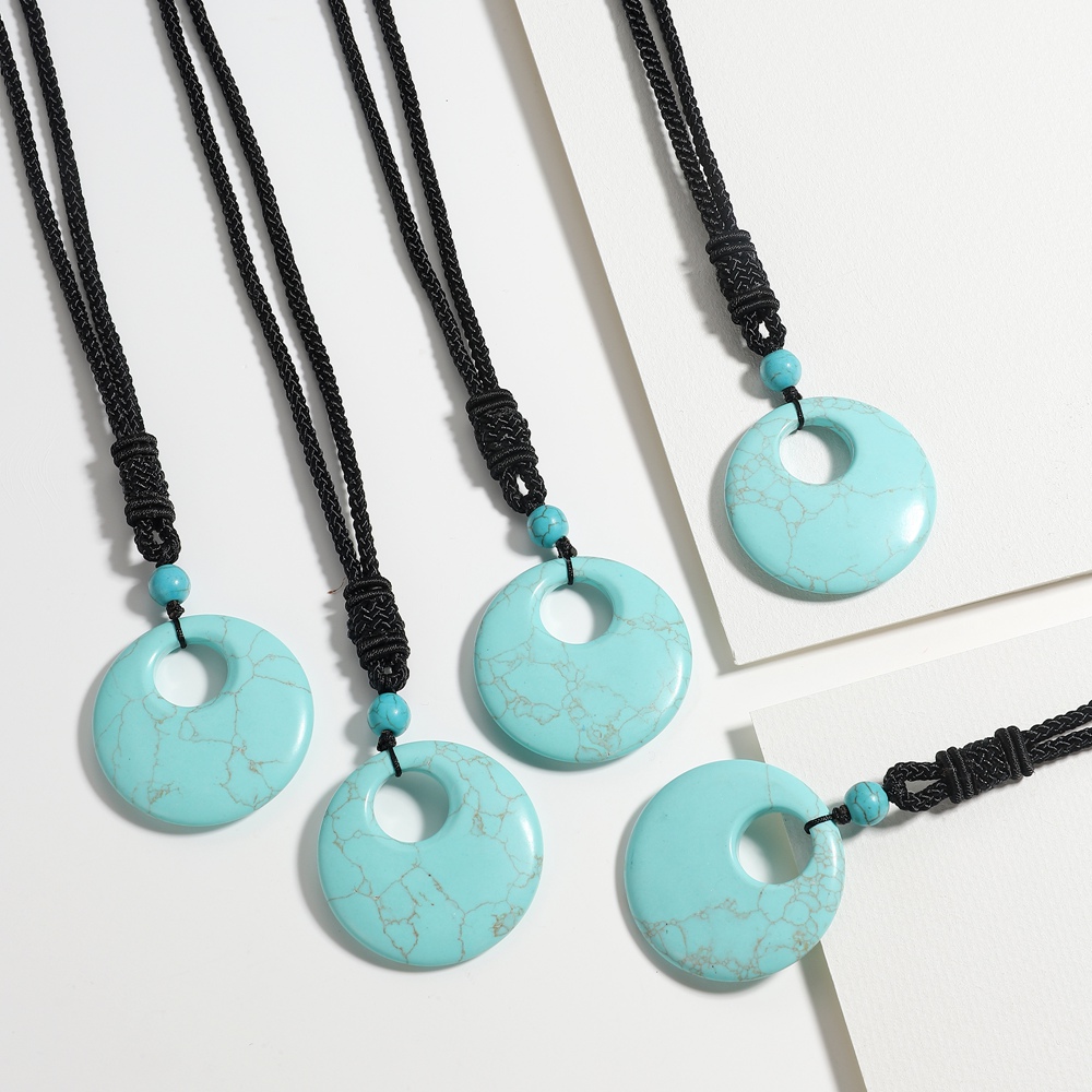 Natural Stone Lucky Coin Pendant Necklace for Women Men Reiki Healing Round Donut Crystal Jewelry Adjustable Braided Cord