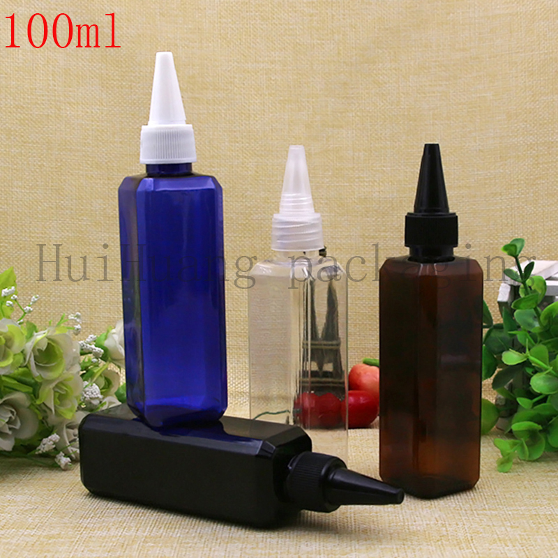 60pcs 100ml empty square plastic bottle black pet bottle pointed mouth top cap