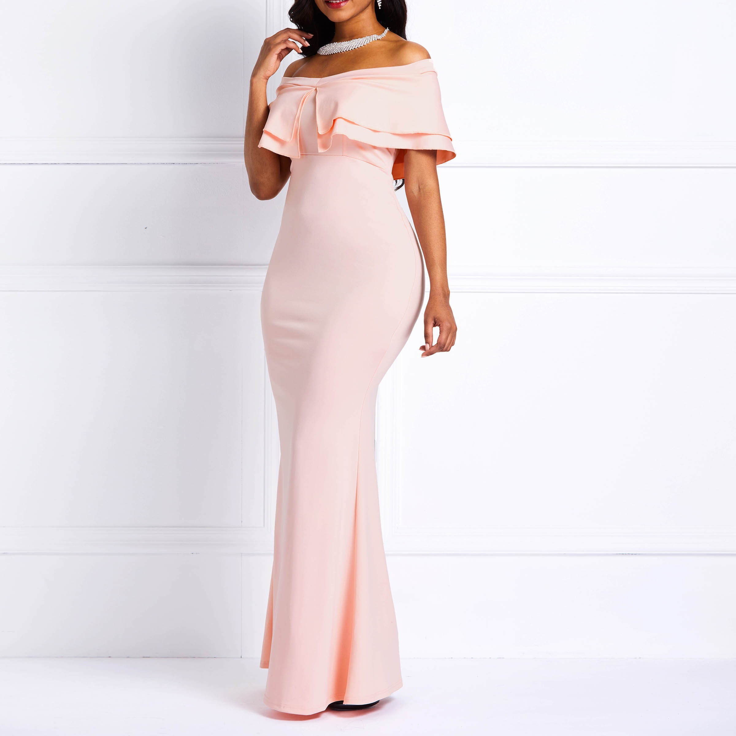 Sexy Off Shoulder Mermaid Dress Women High Waist Ruffles Slash Neck Prom Evening Floor Length Pink Sweet Elegant Bodycon Dresses MX200804