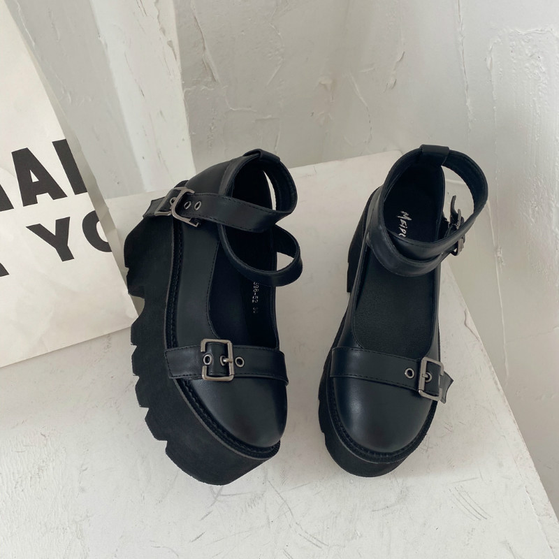 Boussac Chunky Heel Platform Mary Jane Shoes Women Black Punk Buckle Deco Goth Lolita Shoes Women Round Toe Platform Heels
