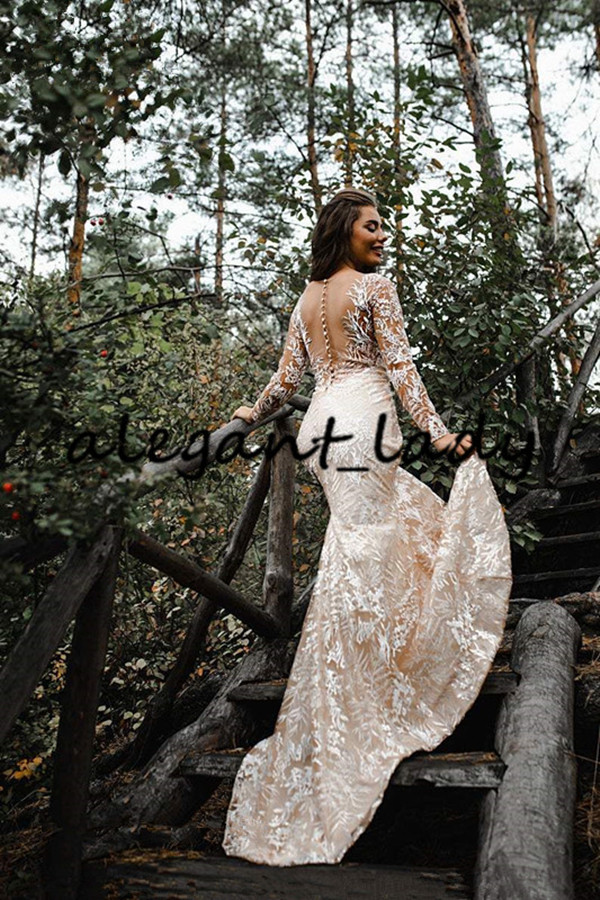 Forest Nude Champagne Mermaid Wedding Dresses 2021 V-neck Lace Applique Bohemian rustic country wedding gowns bestidos de novias